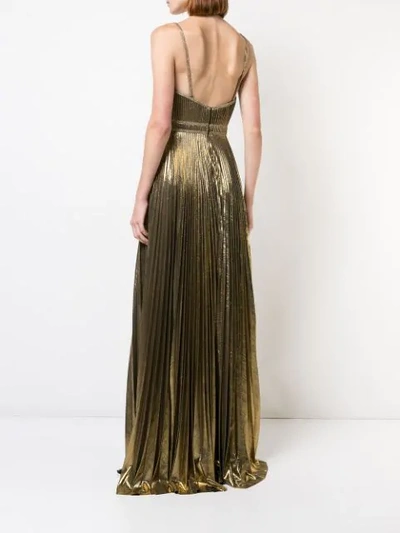 Shop Marchesa Notte Metallic Pleated Gown In Yellow