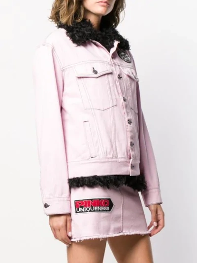 Shop Pinko Faux Fur Detail Denim Jacket In Pink