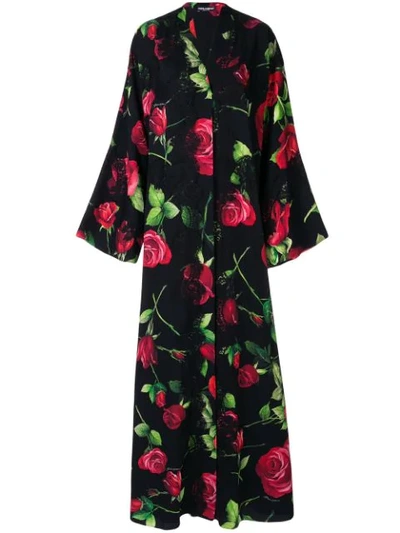 Shop Dolce & Gabbana Printed Roses Kimono Dress In Black