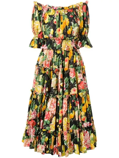 Shop Dolce & Gabbana Floral Print Flared Dress In Yellow