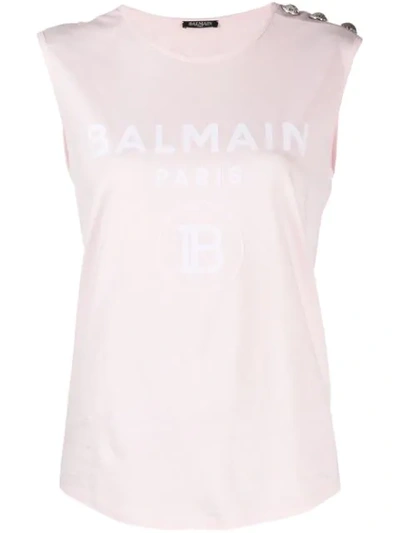 Shop Balmain Logo Print Tank Top In Pink