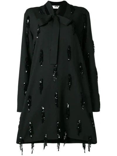 Shop Msgm Sequin Embroidery Long-sleeve Dress In 99  Black
