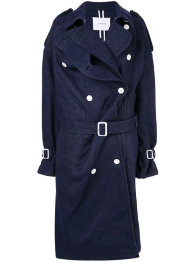 Shop Pushbutton Denim Double-breasted Coat In Blue