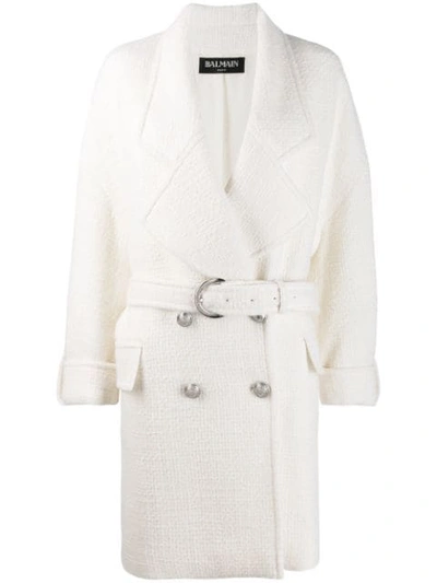 Shop Balmain Large Belted Coat In White