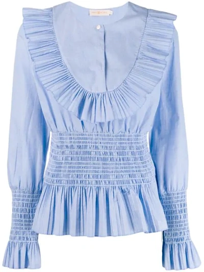 Shop Tory Burch Smocket Pleated Top In Sky Blue/ 412