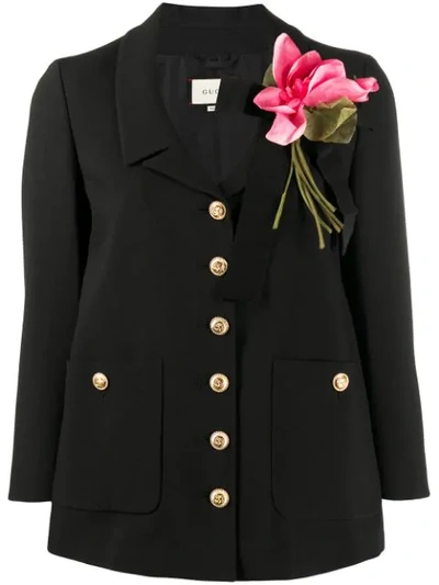 Shop Gucci Floral Detail Fitted Jacket In Black