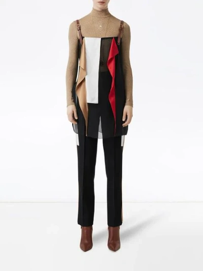 Shop Burberry Leather Detail Colour Block Silk Top In Black