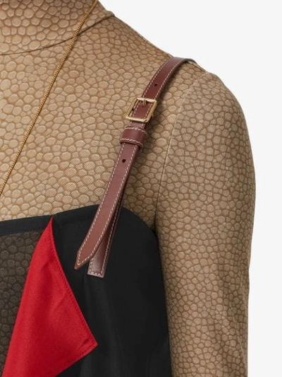 Shop Burberry Leather Detail Colour Block Silk Top In Black