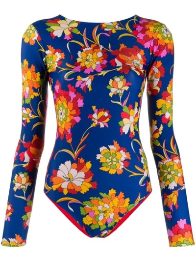 Shop La Doublej Reversible Floral Print Surf Suit In Blue