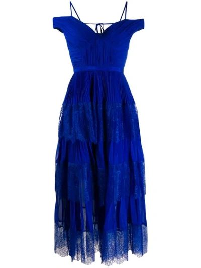 Shop Self-portrait Rushed Bardot Dress In Blue