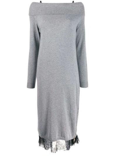Shop Twinset Off The Shoulder Knit And Lace Dress In Grey