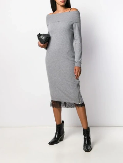 Shop Twinset Off The Shoulder Knit And Lace Dress In Grey