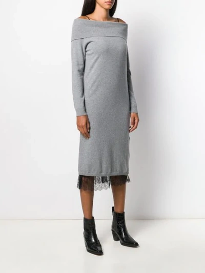 Shop Twinset Off The Shoulder Knit And Lace Dress In Grey