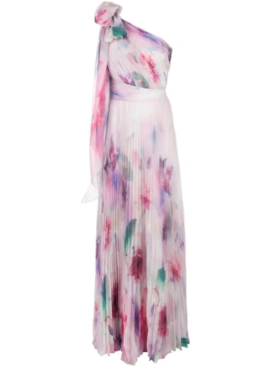 Shop Marchesa Notte One Shoulder Floral Print Chiffon Gown In Pink