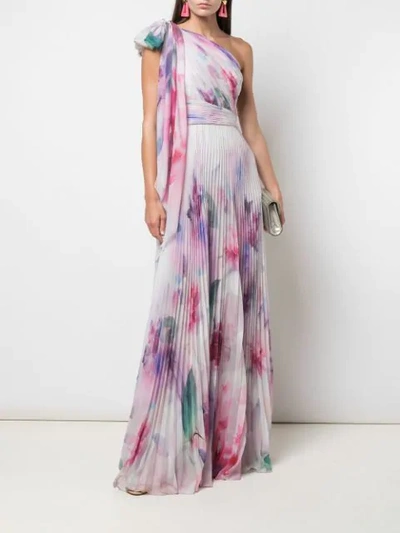 Shop Marchesa Notte One Shoulder Floral Print Chiffon Gown In Pink