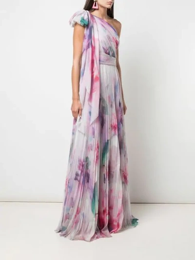 Shop Marchesa Notte One Shoulder Floral Print Chiffon Gown In Pink