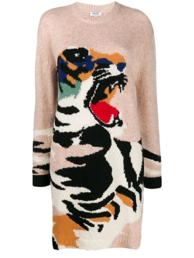 Shop Kenzo Tiger Intarsia Knit Jumper Dress In Neutrals