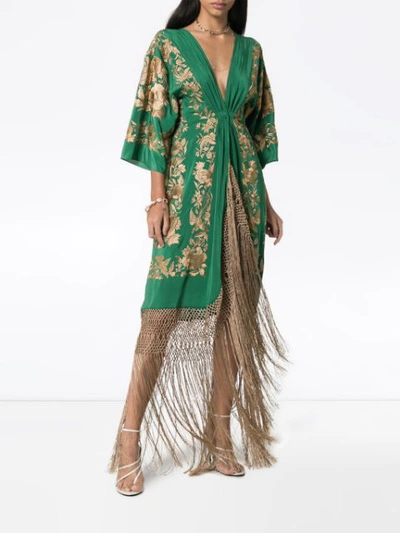 Shop Johanna Ortiz Contigo En La Distancia Fringed Silk Kimono In Green