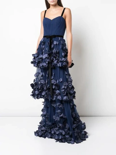Shop Marchesa Notte Mixed-media Texture Tiered Gown In Blue