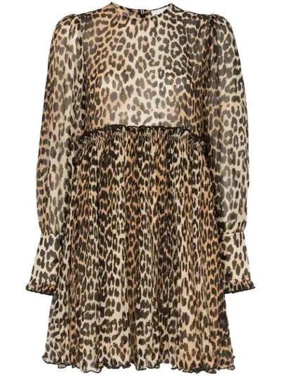 Shop Ganni Leopard Print Mini Dress In Black