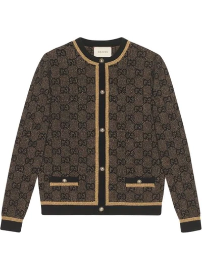 Shop Gucci Gg Wool Cardigan With Lamé In Brown