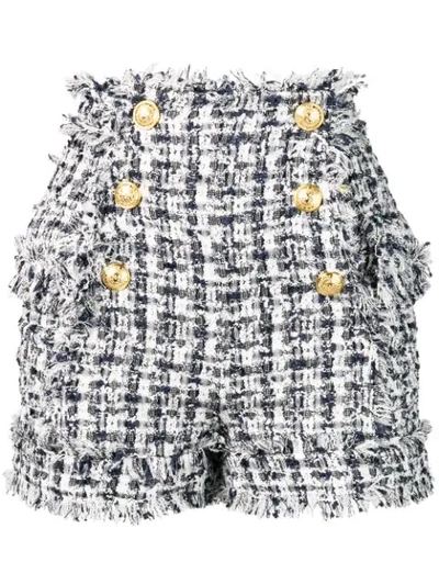 Shop Balmain Knitted Button Up Shorts In Blue