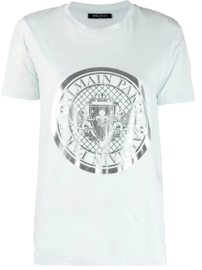 Shop Balmain Logo Emblem Print T-shirt In Blue
