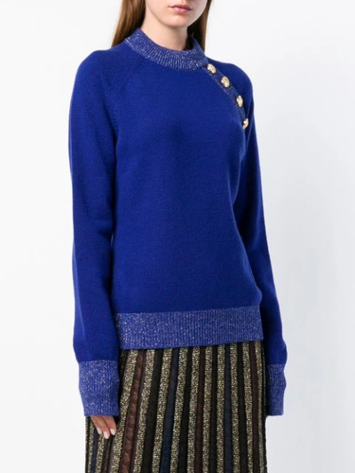 Shop Balmain Shoulder Button Knit Sweater - Blue