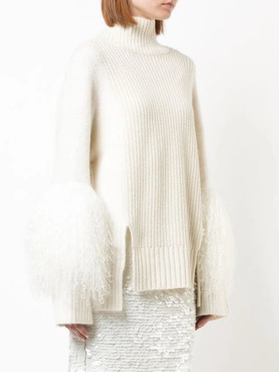 Shop Sally Lapointe Cashmere Fur Sleeve Sweater - White