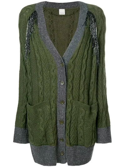 Shop Pinko Lurex Fringe Cable Knit Cardigan In Green