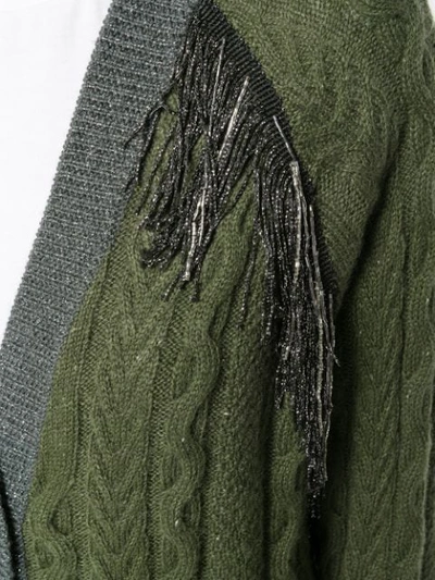 Shop Pinko Lurex Fringe Cable Knit Cardigan In Green