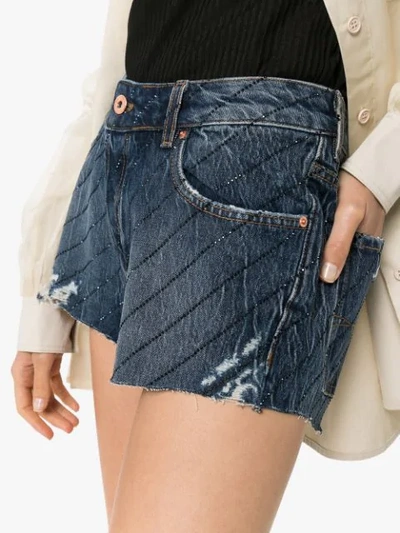 Shop Filles À Papa Crystal-embellished Cut-off Denim Shorts In Blue