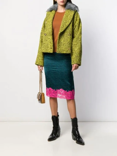 Shop Versace Faux Fur Trim Tweed Jacket In Green