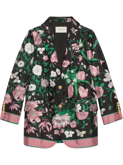 Shop Gucci Silk Jacket With Flora Print In Black