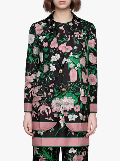 Shop Gucci Silk Jacket With Flora Print In Black