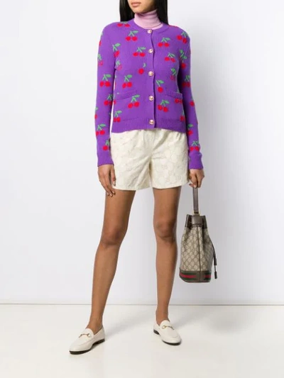 Shop Gucci Gg Cherry Jacquard Wool Knit Cardigan In Purple