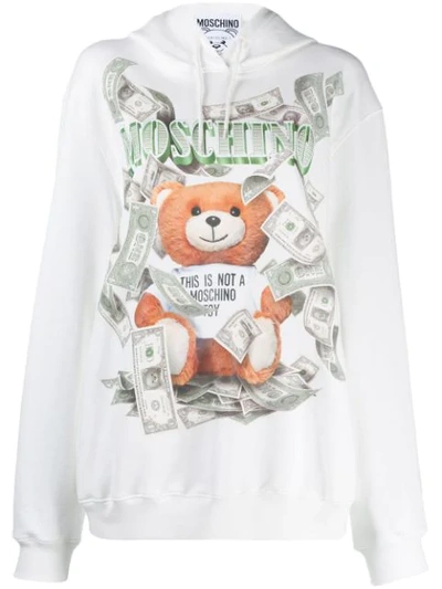 Shop Moschino Teddy Logo Dollar Hoodie In 3002 White