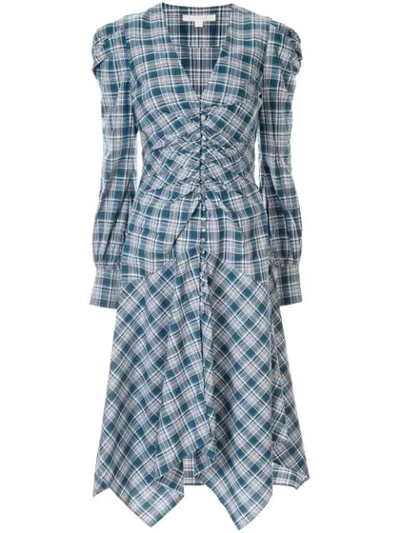 Shop Jonathan Simkhai Oxford Cotton Plaid Draped Dress In Blue