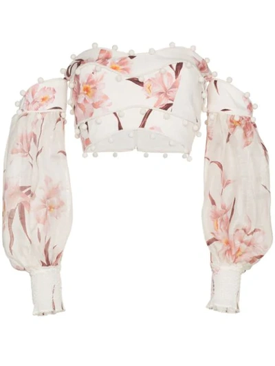 Shop Zimmermann Corsage Bauble Floral Print Off Shoulder Linen Top In Neutrals