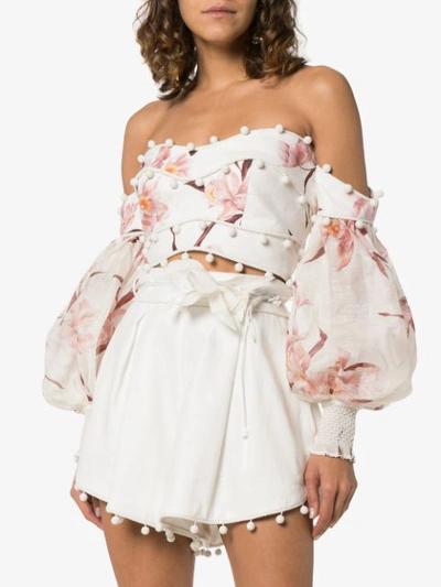 Shop Zimmermann Corsage Bauble Floral Print Off Shoulder Linen Top In Neutrals