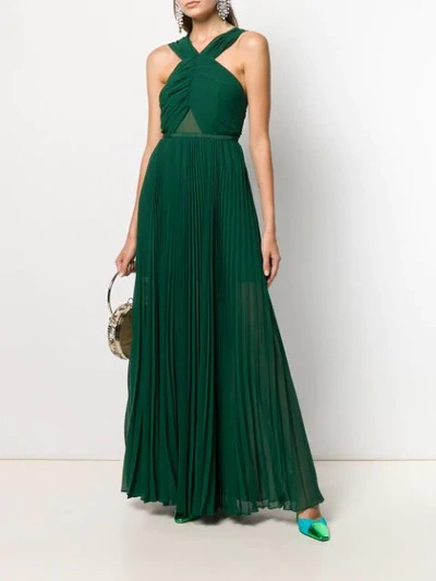 Shop Self-portrait Pleated Halter Neck Gown In Green