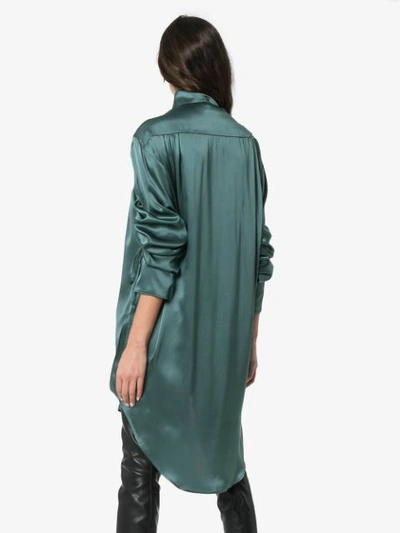Shop Ann Demeulemeester Ruched Sleeve Long Line Silk Shirt - Green
