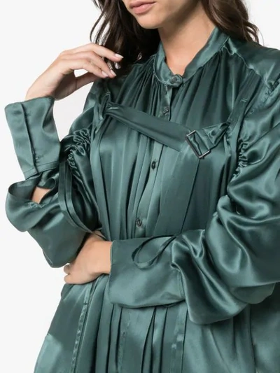 Shop Ann Demeulemeester Ruched Sleeve Long Line Silk Shirt - Green