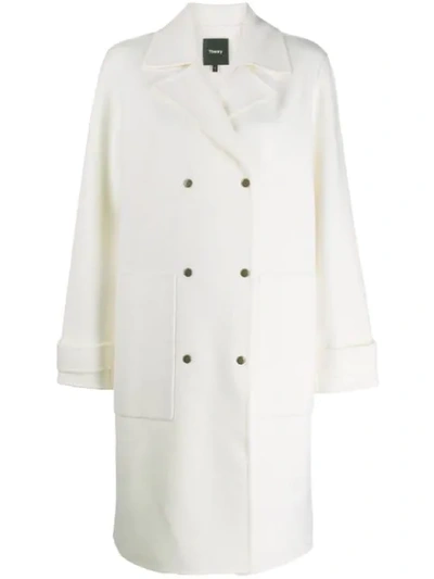 Shop Theory Double Breasted Coat In C05 Ivory