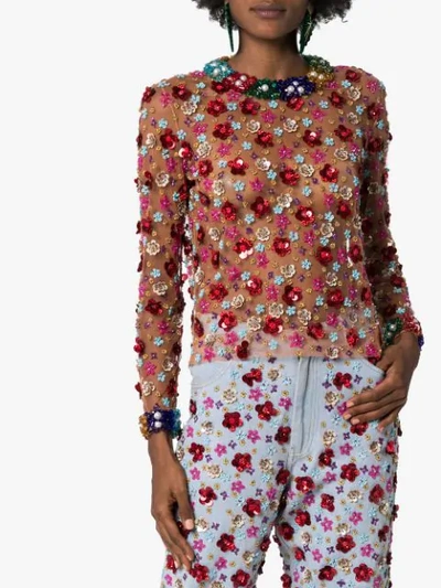 Ashish Beaded Floral Top In Multicoloured