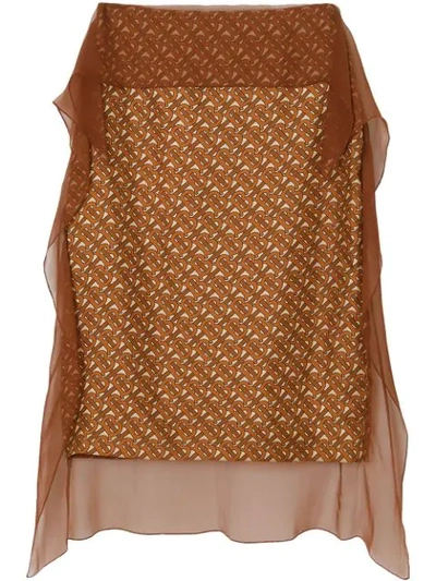 Shop Burberry Scarf Detail Monogram Print Silk Pencil Skirt In Brown