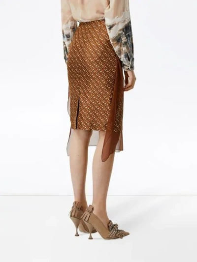 Shop Burberry Scarf Detail Monogram Print Silk Pencil Skirt In Brown