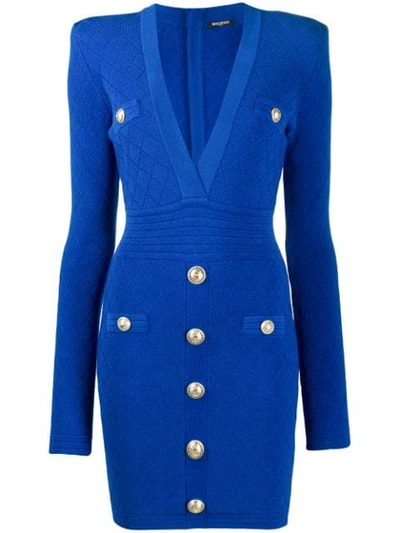 Shop Balmain Knitted Button Mini Dress In Blue