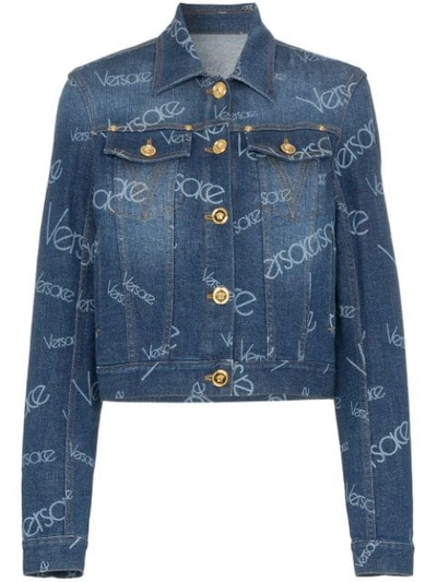 Shop Versace Logomania Print Denim Jacket In Blue