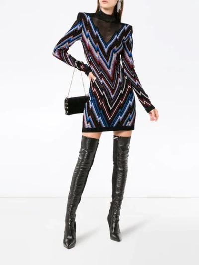 Shop Balmain Chevron Pattern Mesh Panel Knit Mini Dress In Black